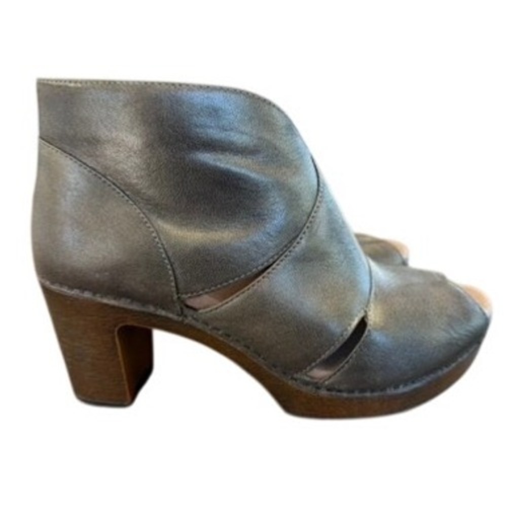 Dansko Metallic Pewter Leather Peep Toe Booties Wood‎ Block Heel SZ 40(10-10.5)